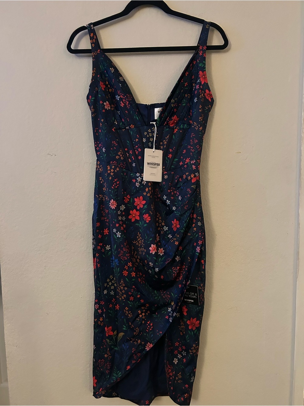 Whisper Navy Floral Midi Dress - Spaghetti Strap Wrap Style NWT